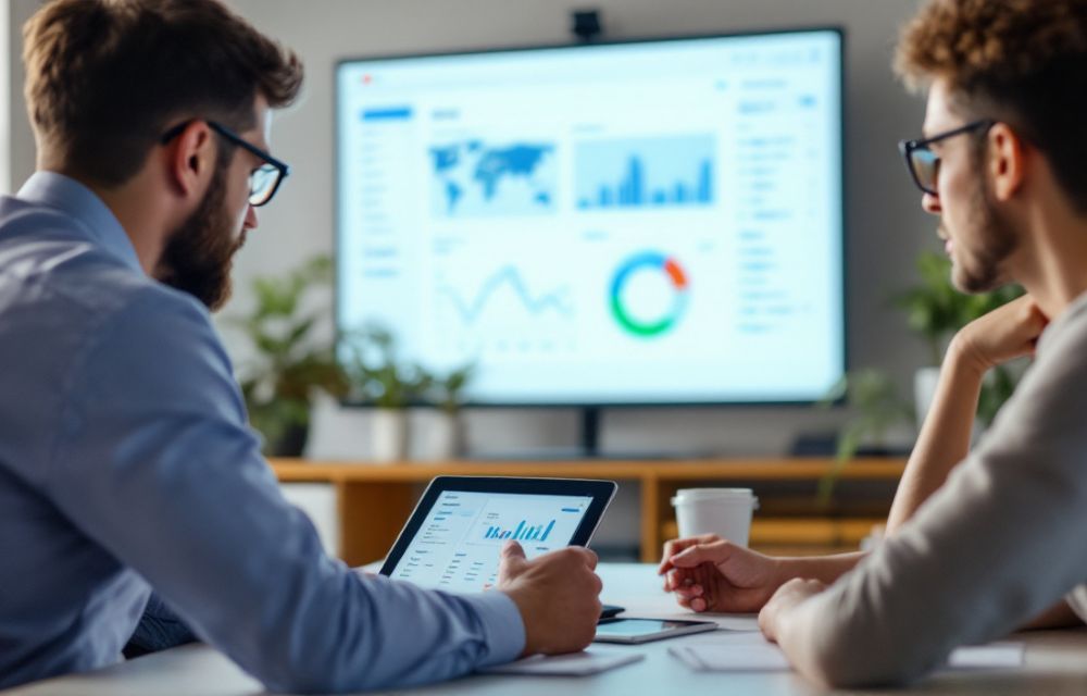 Líder de proyecto guiando al equipo en la configuración e interpretación de dashboards ERP en tiempo real.