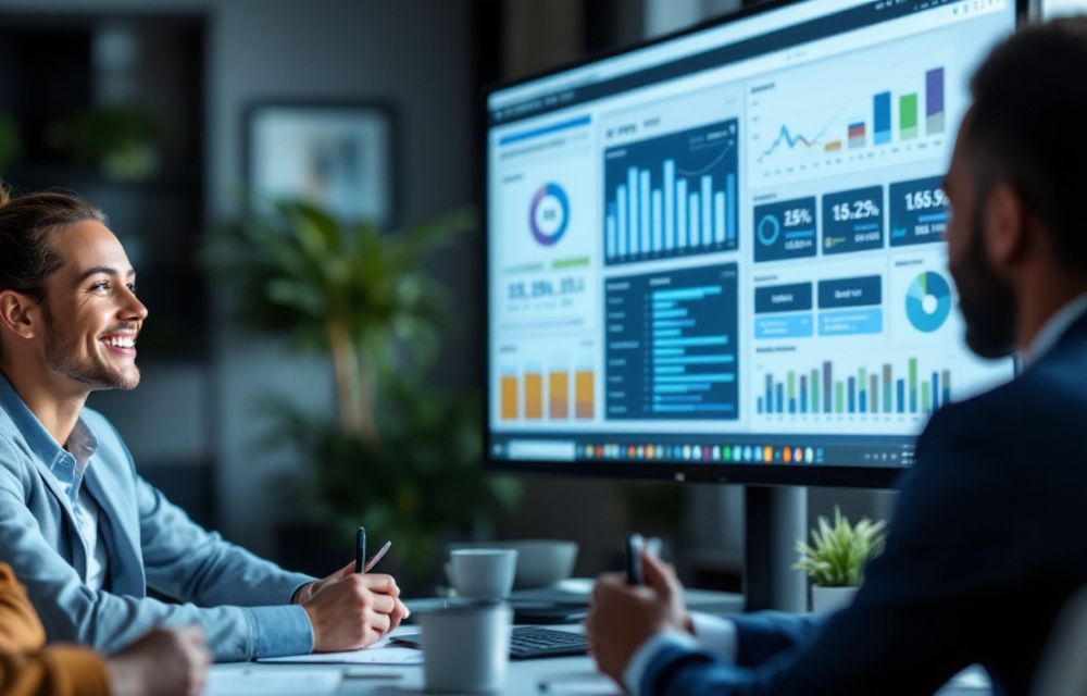 Gerente de pyme mostrando en pantalla resultados mejorados tras usar dashboards ERP en reuniones.
