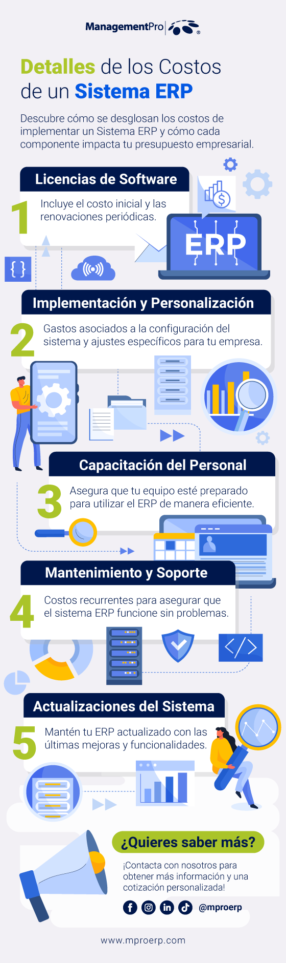Infografía con los detalles de los costos de un sistema ERP: licencias, implementación, capacitación, mantenimiento y actualizaciones