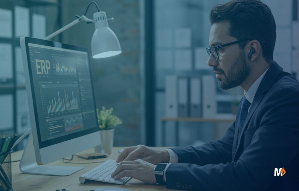 Ejecutivo latino usando el ERP de ManagementPro en una oficina moderna, mostrando la interacción con la versión FIRE