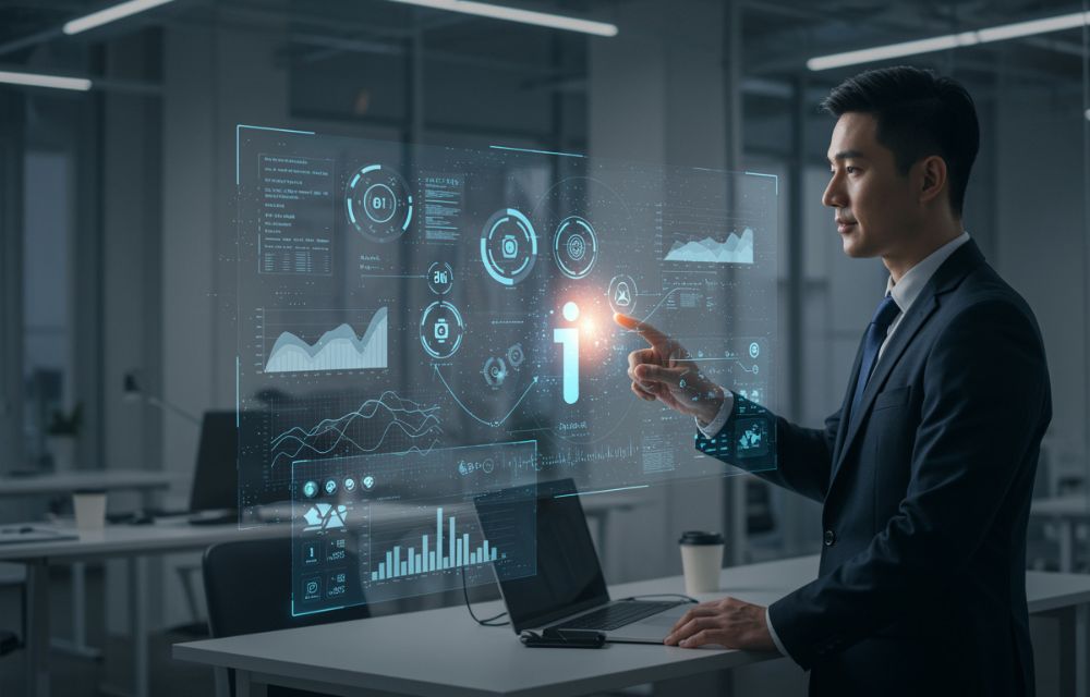 Diseñador muestra interfaz moderna de ERP a equipo empresarial