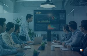 Directivos revisan dashboard ERP consolidado para gobierno de datos maestros multi-sucursal.