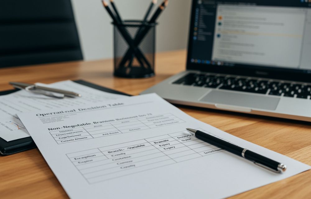 Tabla mínima de decisión para gobernar datos maestros por sucursal con excepciones controladas.
