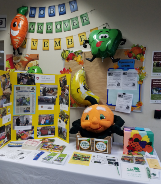 A table display with posters, pamphlets, and brochures on a table with a smiling plush orange and fruit and vegetable helium balloons pinned to the wall.