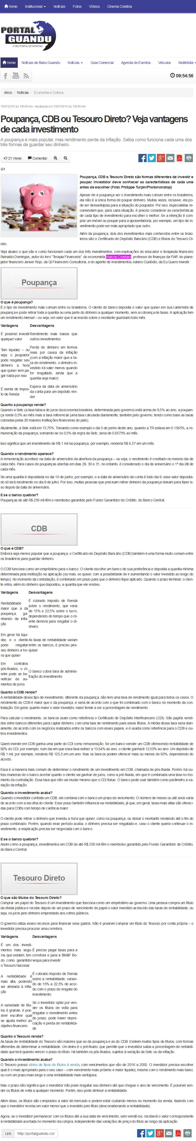 Portal Guandu Notícias (POUPANÇA, CDB OU TESOURO DIRETO? VEJA VANTAGENS DE CADA INVESTIMENTO Portal Guandu Notícias (POUPANÇA, CDB OU TESOURO DIRETO? VEJA VANTAGENS DE CADA INVESTIMENTO