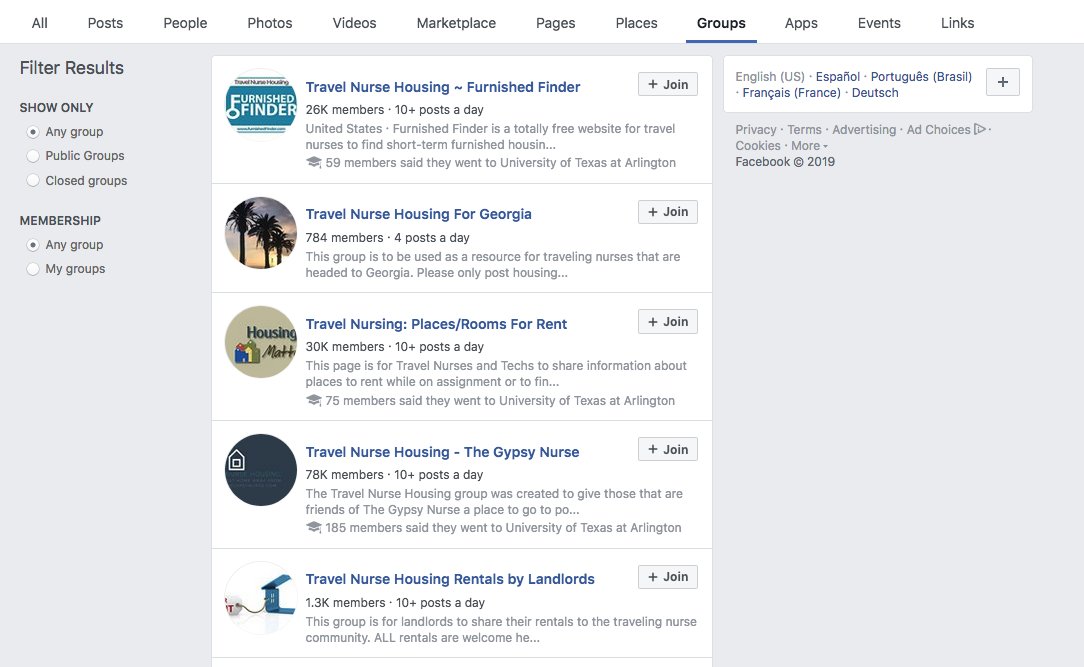 travel nurse housing-facebook