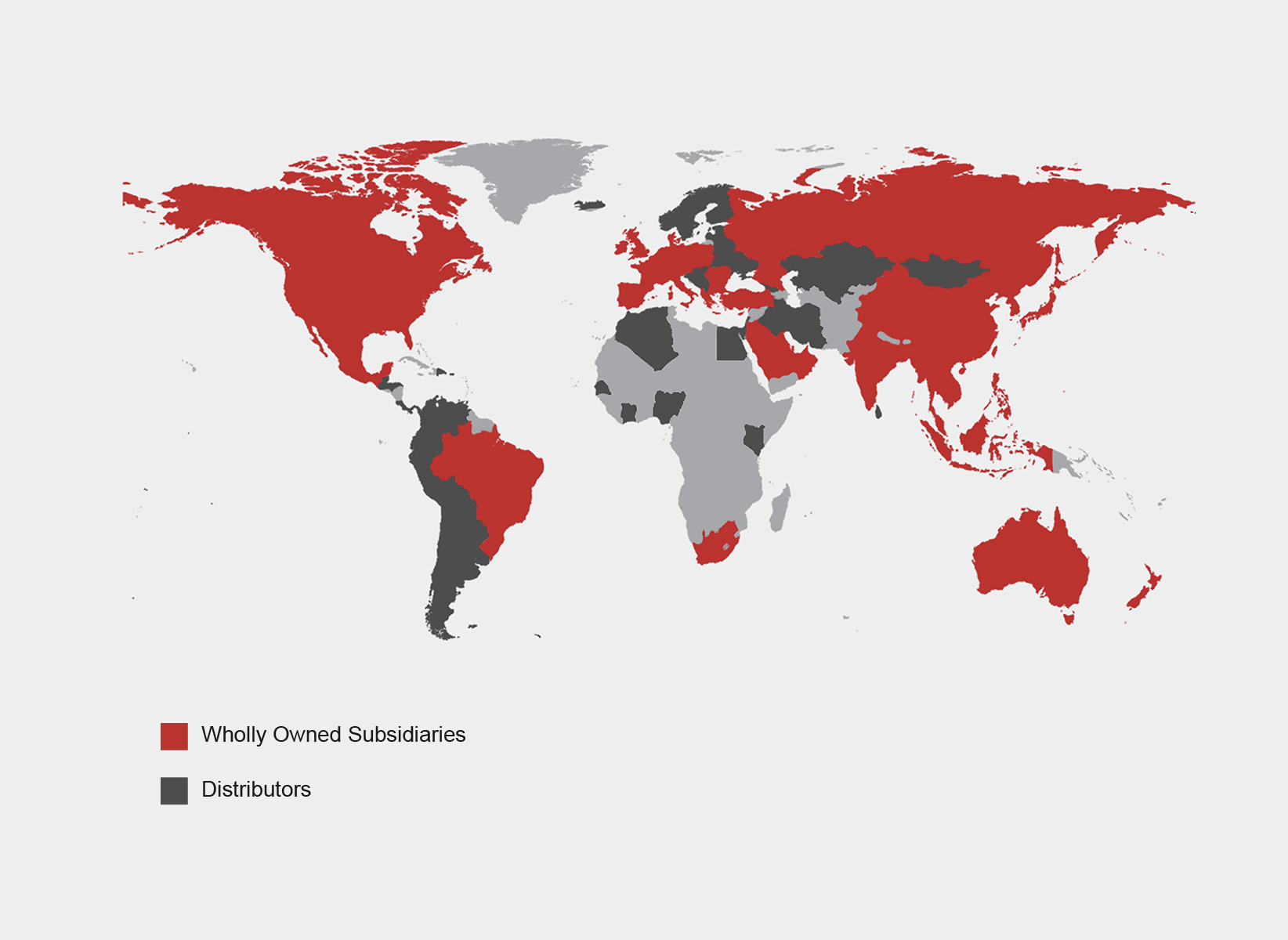 A world map highlighting countries in red and gray, representing global market presence and service coverage.