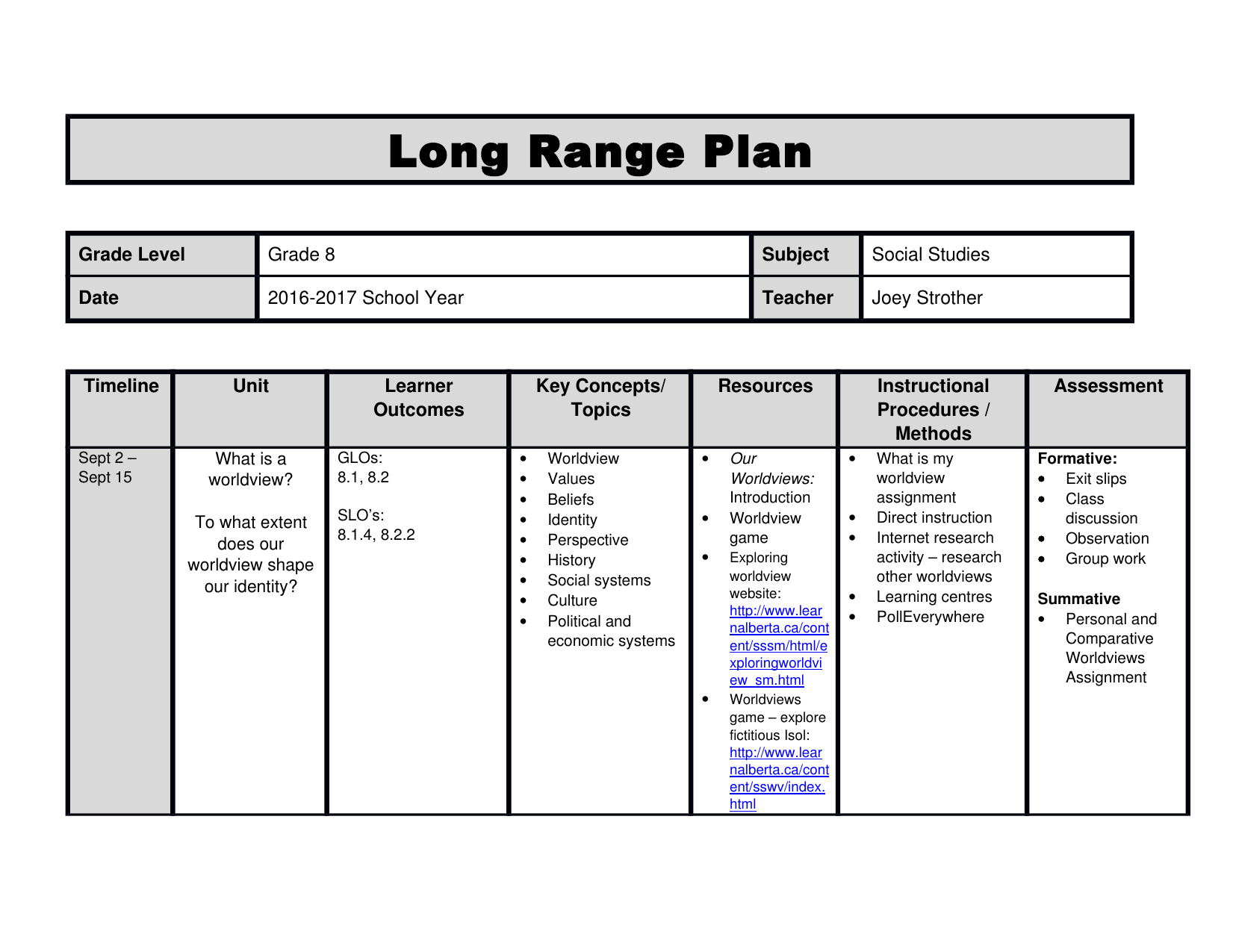 Social Studies 8 Long Range Plan by joestro · Ninja Plans