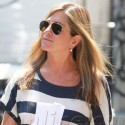 Jennifer Aniston Keeps It Casual In Stripes On-Set