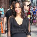 Zoe Saldana Bares Her Baby Bump In A Tight Black Dress For Letterman