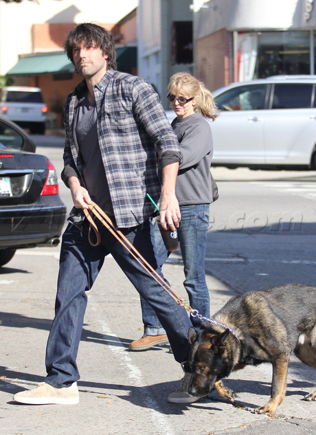 Ben Affleck hair plaid shirt jeans dog starbucks sneakers 