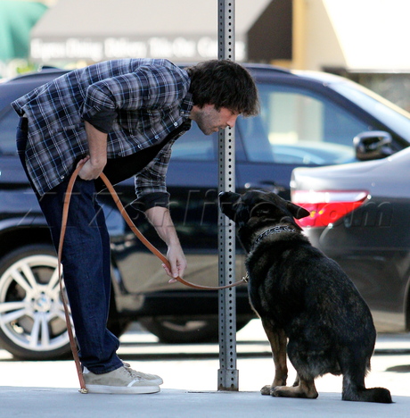 Ben Affleck hair plaid shirt jeans dog starbucks sneakers 