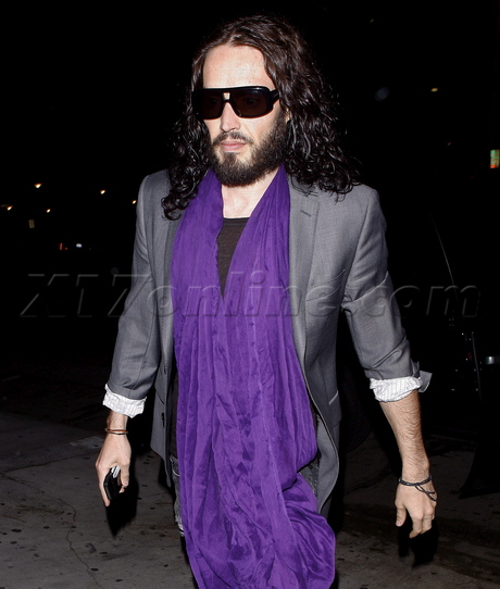 Russell Brand scarf sunglasses jacket denim comedy beard long hair