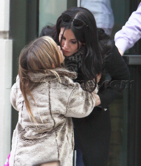 Courteney Cox denim jacket scarf coco kiss valentine's day