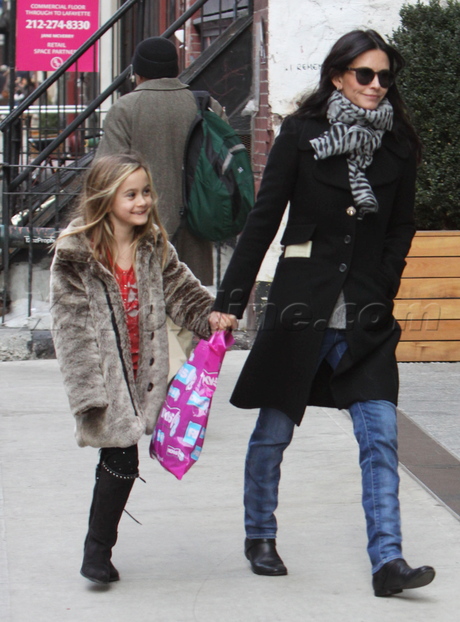 Courteney Cox denim jacket scarf coco kiss valentine's day