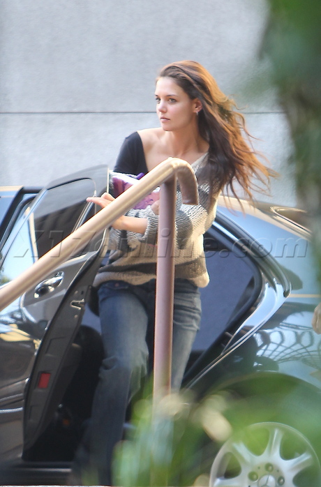 Katie Holmes striped sweater dance bell bottoms jeans