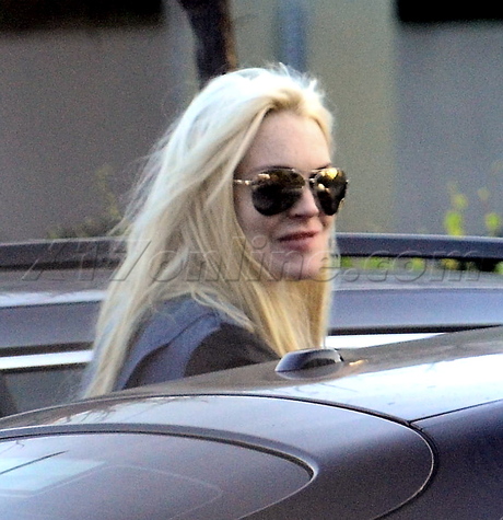 Lindsay Lohan print pants sunglasses car liquor store Porsche car shots