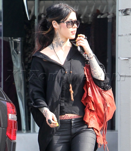 Beverly Hills Kat Von D tattoos black leather pants