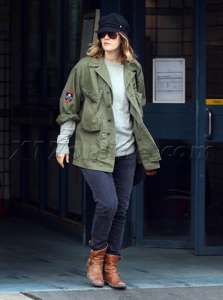 Drew Barrymore jacket paris hotel boots hat sunglasses