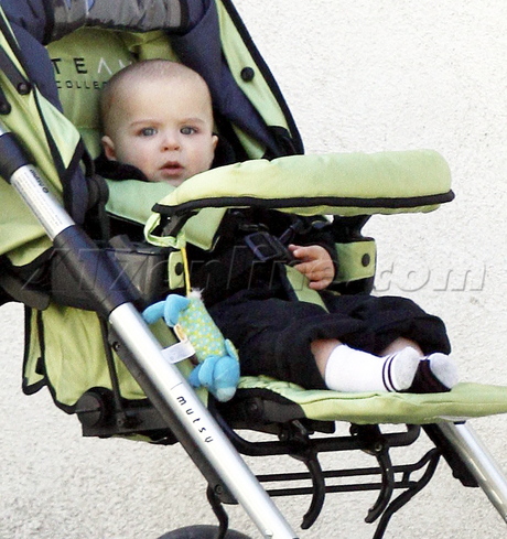 Selma Blair denim stroller sunglasses wave smile baby 