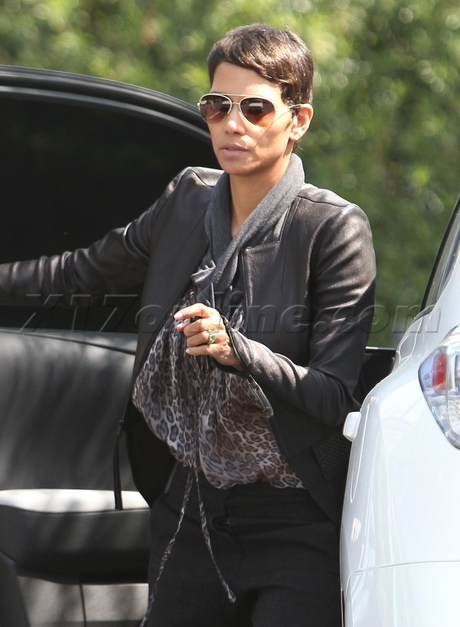 Halle Berry nahla school walking cast scarf leather jacket