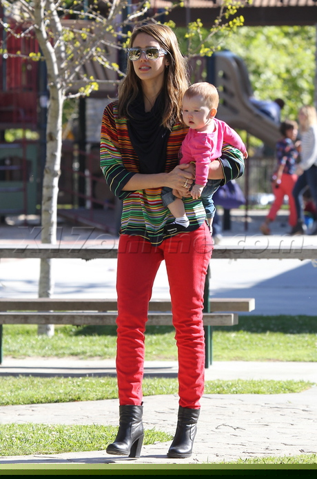 Jessica Alba  coldwater park honor  haven striped sweater red jeans stroller baby 