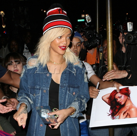 Rihanna singer denim nyc nightclub autograph make up red lips knit cap