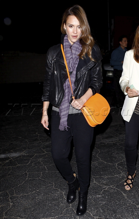 Jessica Alba scarf jacket purse Matsuhisa
