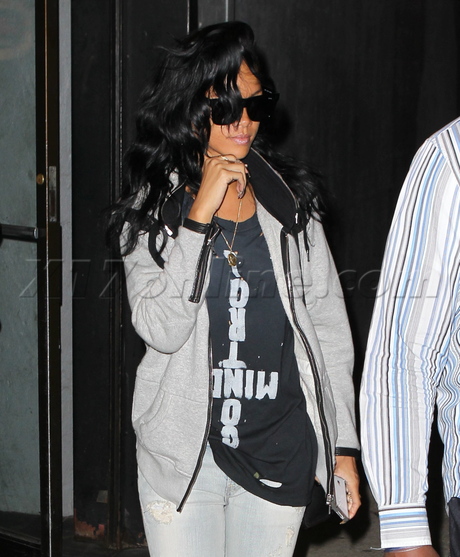 Rihanna studio weave necklace sunglasses denim torn denim hoody