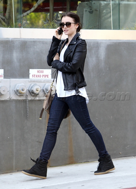 Lily Collins Beverly Hills suglasses jeans leather jacket 