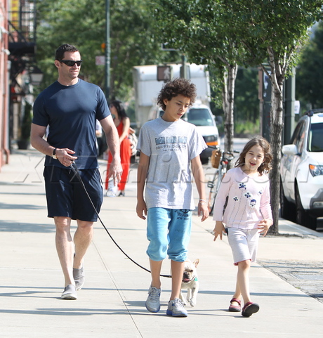 sunglasses Hugh Jackman kids dog park shorts
