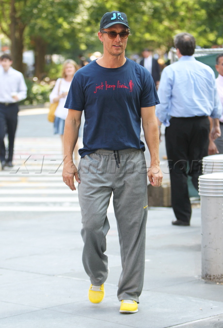 Matthew McConaughey sweats sweat pants mcconaughey just keep livin camilla alves late show david letterman santa bald fat beard