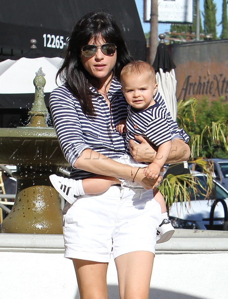 sunglasses Selma Blair  matching outfit shorts stripes flats baby 