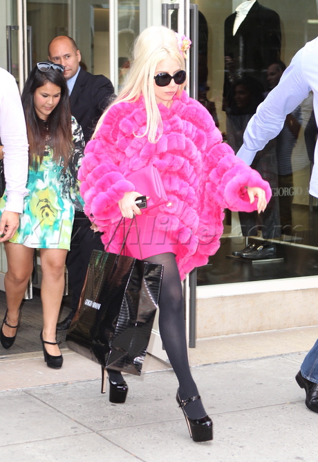 sunglasses Lady Gaga Giorgio Armani fur pink fur heels wig 