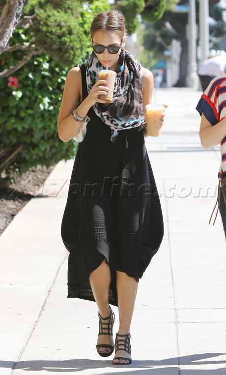 Jessica Alba sunglasses scarf coffee maxi dress sandals