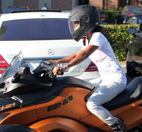 Jada Pinkett Smith boots helmet motorcycle tee shirt 