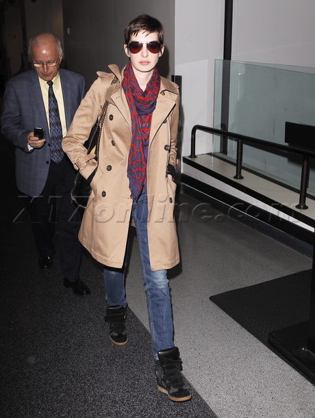 Anne Hathaway short hair trench coat scarf sunglasses LAX