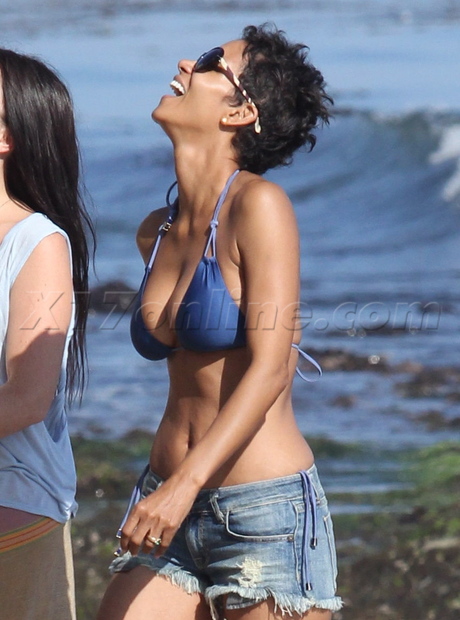 Halle Berry bikini top jean shorts beach bikini ocean  malibu 
