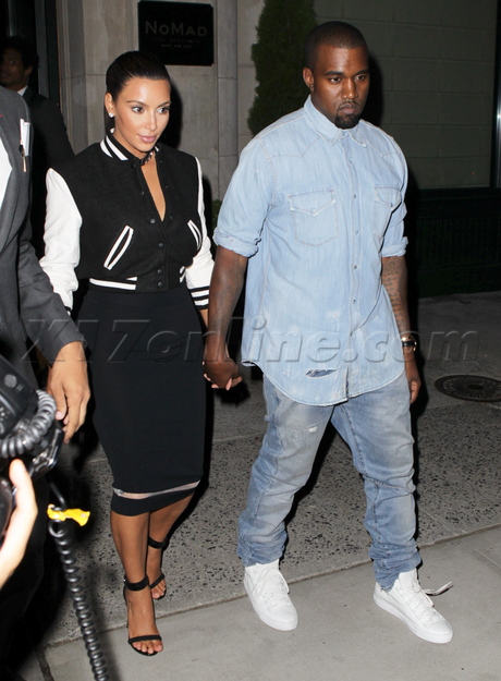 hotel nyc Kim Kardashian Kanye West skirt jeans letterman jacket 