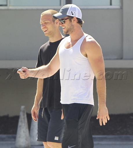 sneakers sunglasses shorts tank la fitness gym Liam Hemsworth hat miley cyrus 