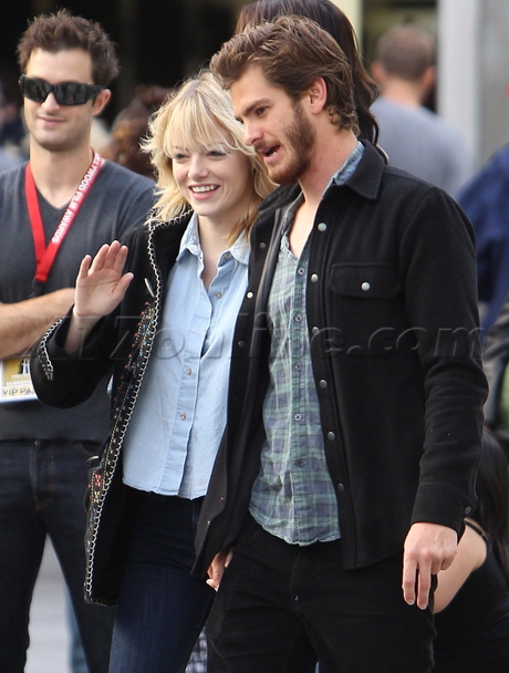 Emma Stone shorts Andrew Garfield jacket button up blonde hollywood film festival arclight 