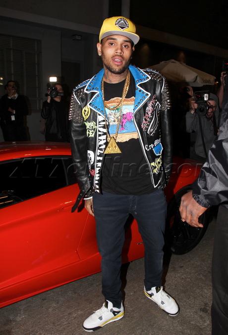 Chris Brown rihanna hat jacket hollywood leather studded tattoo Lamborghini