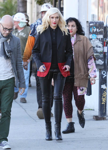 Gwen Stefani leather leather pants sunglasses boots gavin rossdale blazer Opening Ceremony