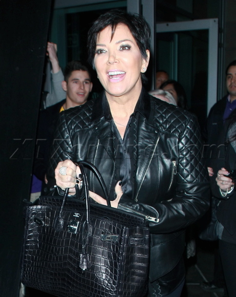 Kris Jenner Lakers game Clippers game Kim Kardashian baby grandma leather jacket hermes 