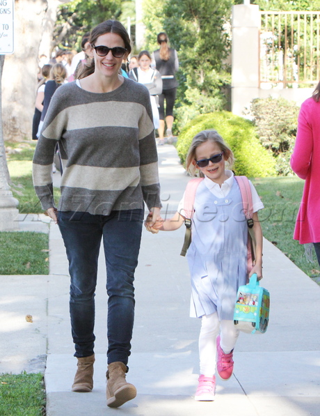 Jennifer Garner violet school dress stripes jeans boots sunglasses 