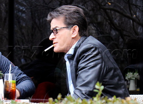 charlie sheen jacket glasses cigarette smoking lunch 