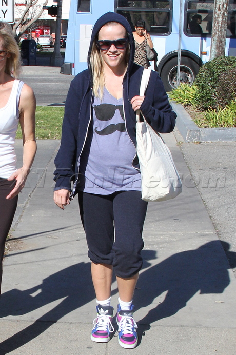 Reese Witherspoon sunglasses blonde hoody mustache work out 