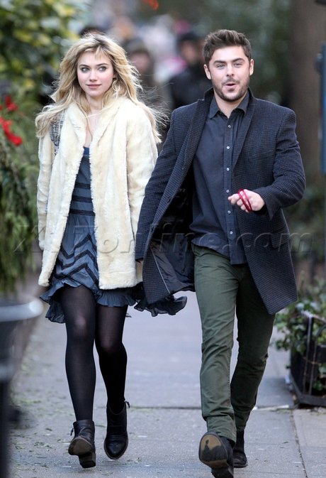 smile jacket Imogen Poots Zac Efron  movie film set film disney tights fake fur fur 