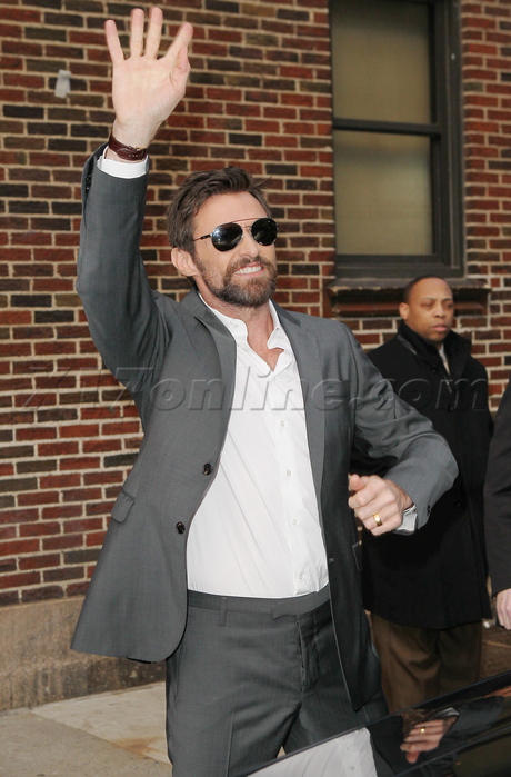 Hugh Jackman suit sunglasses beard David Letterman Show