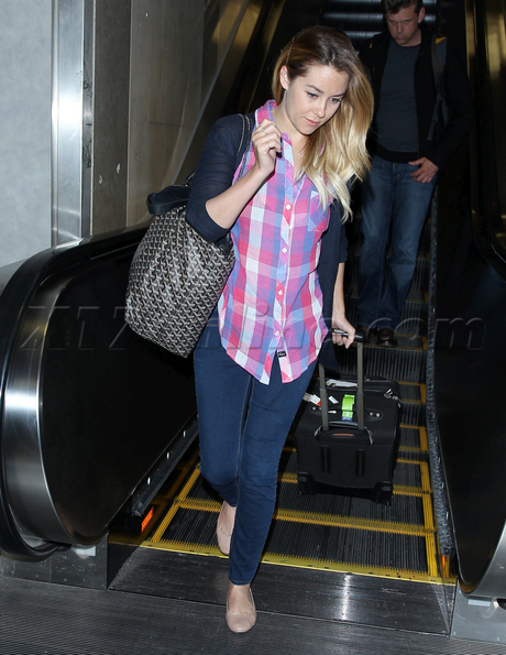 Lauren Conrad denim airport plaid purse hand bag lax nyc reality tv the hills